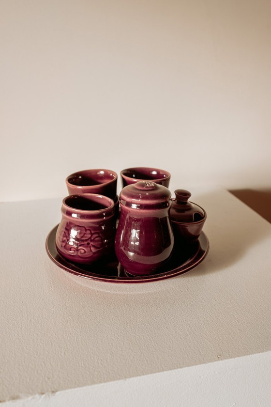 Image 1 of Purple ceramic breakfast set with egg cups and salt and pepper shakers, 1970s