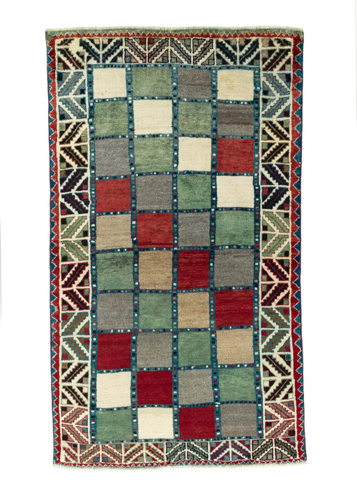Hand-knotted Gabbeh nomadic rug - 183 x 107 cm - Colored checks & tribal border