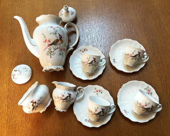 Image 1 of Servizio da caffè in porcellana bianca Bavaria di Seltmann Weiden con uccello del paradiso e decoro dorato