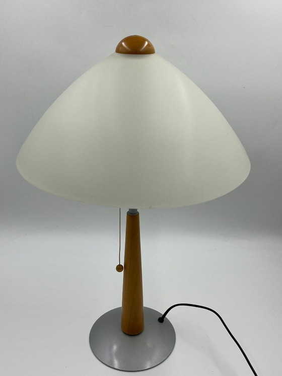 Large Modernist Opaline and Wood Table Lamp Massive, Metal, White (photo 4 of 12)