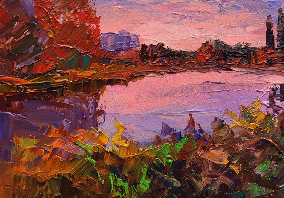 Original Oil Painting Evening City Landscape Sunset Over the River – Paintings & Drawings, Canvas (photo 6 of 7)