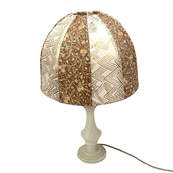Image 1 of Lampe de table italienne vintage en albâtre/onyx, abat-jour cousu à la main, années 1960.