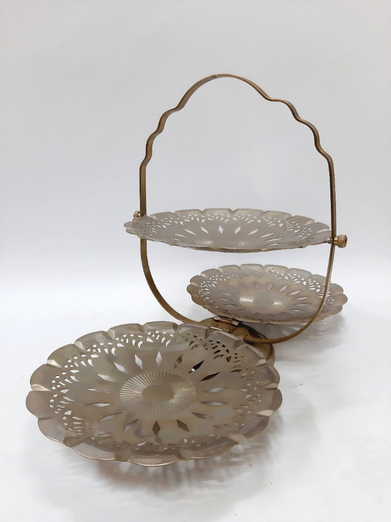 Image 1 of Présentoir à gâteaux pliant vintage, plateau de service pliant à 3 niveaux, présentoir à gâteaux argenté