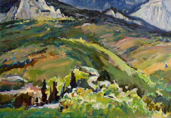 Pintura al óleo original Paisaje Naturaleza Prados Rocas con Vistas a la Montaña – Pinturas y dibujos, Canvas (photo 4 of 5)