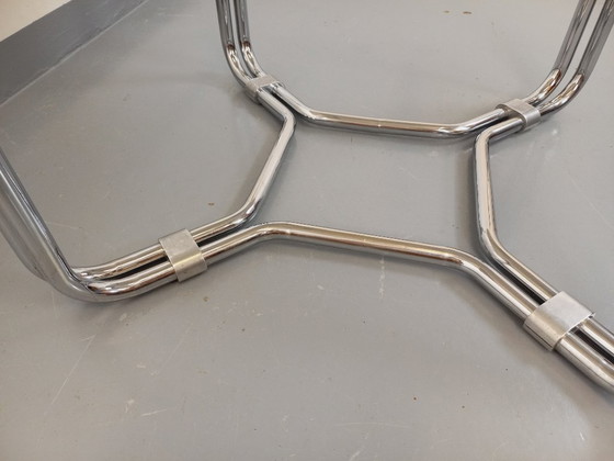 Image 1 of Round vintage dining table in smoked glass and chromed metal in the Space Age style of the 70s