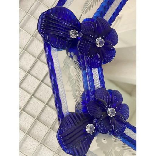 Eleganter achteckiger Spiegel aus italienischem Muranoglas mit blauen floralen Schnitzereien