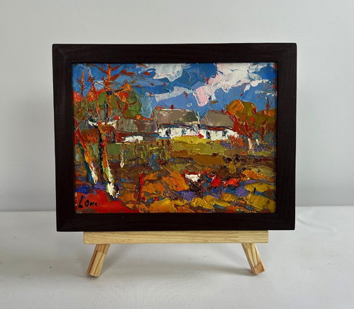 Original Oil Painting Autumn Village Landscape Autumn golden time