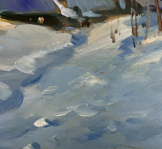 Image 1 of Original Oil Painting Winter Church Landscape View of the monastery in the evening