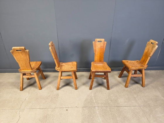 Image 1 of Vintage eikenhouten brutalistische stoelen, jaren 70, set van 4