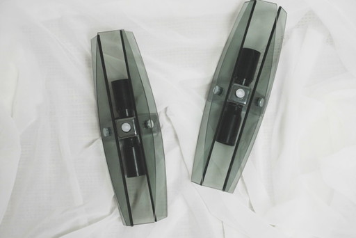 Veca Grey Smoked Glass Vintage Italian Wall Sconces Set of 2 Fontana Arte Mid Century Modern Faceted Glass Pair of Lamps