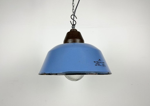 Industrial Blue Enamel and Cast Iron Pendant Light with Glass Cover, 1960s