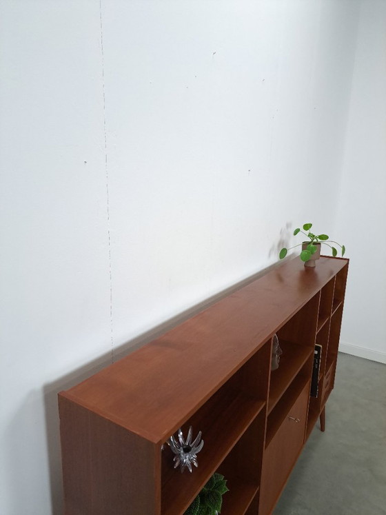 Image 1 of Danish teak wide LP cabinet with shelves, drawers and bar with mirror