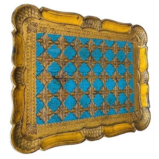 Image 1 of Vassoio fiorentino vintage blu oro anni '70