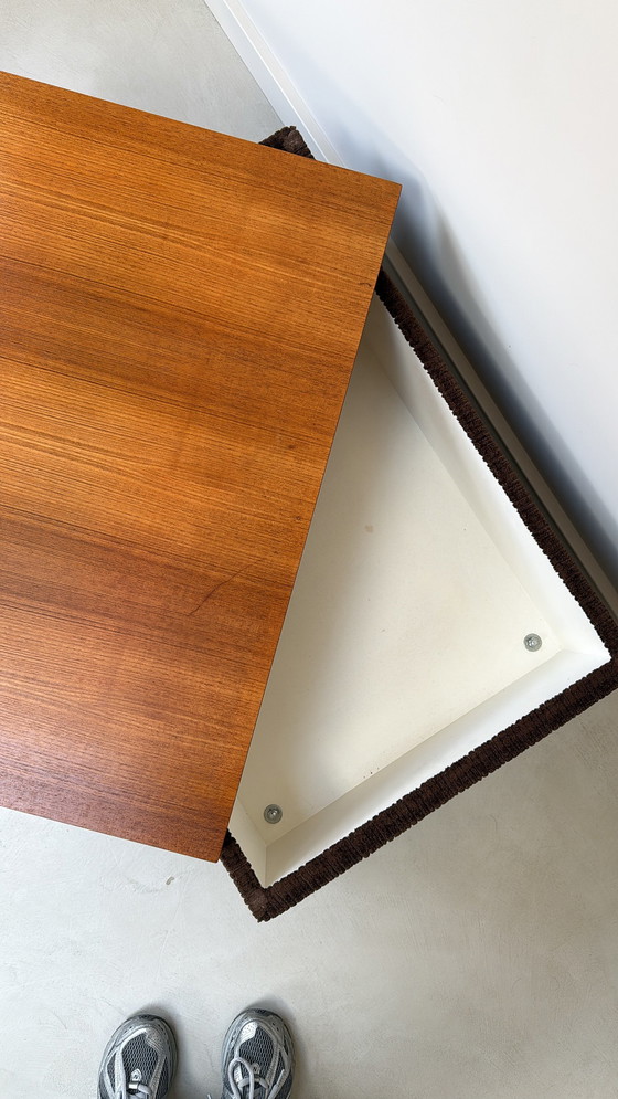 Image 1 of Coffee table with brown rub fabric, wooden top and chrome legs