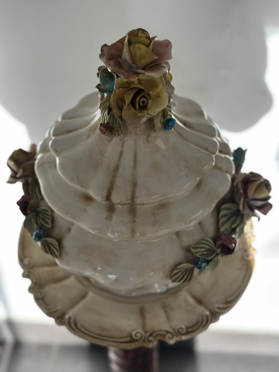 Image 1 of Vintage Baroque-Style Ceramic Lidded Bowl with Hand-Applied Flowers