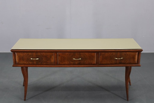 1950s Italian Console in Walnut finish with Glass Top