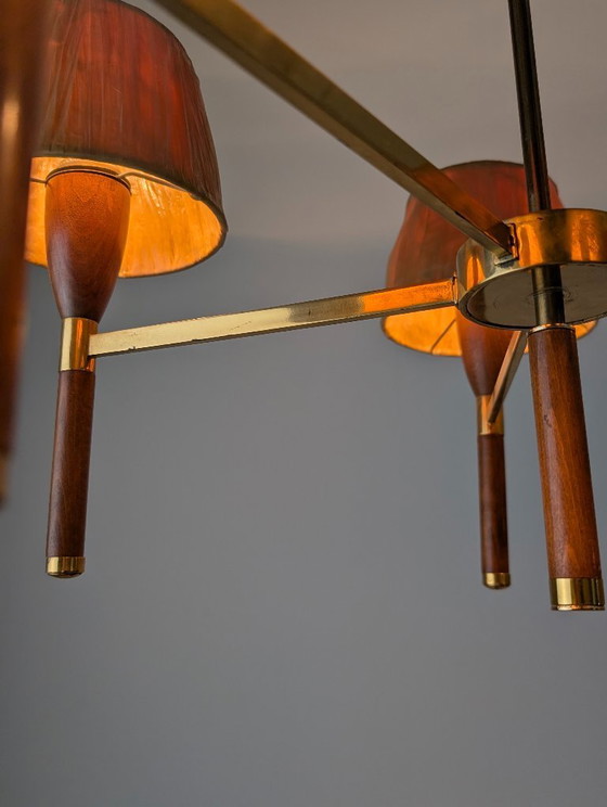 Image 1 of Danish Five-Arm Chandelier in Wood and Brass, 1950s