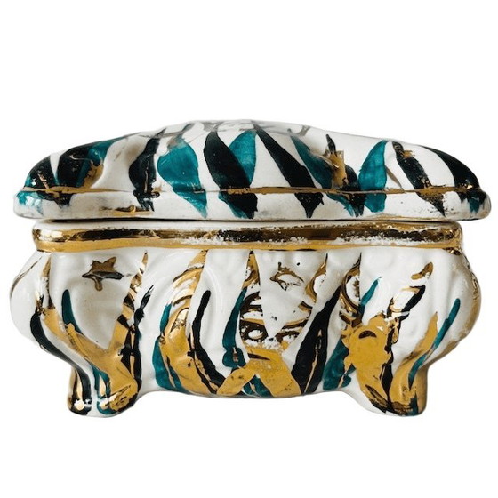 Image 1 of Vintage bonbonnière turquoise deer gold porcelain 1960's