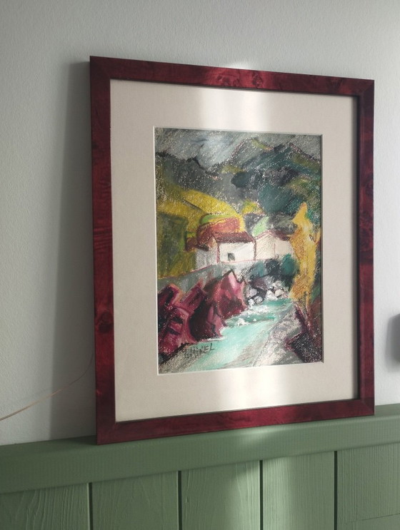 Image 1 of Lucie RIVEL, Mountain Village. Framed pastel.