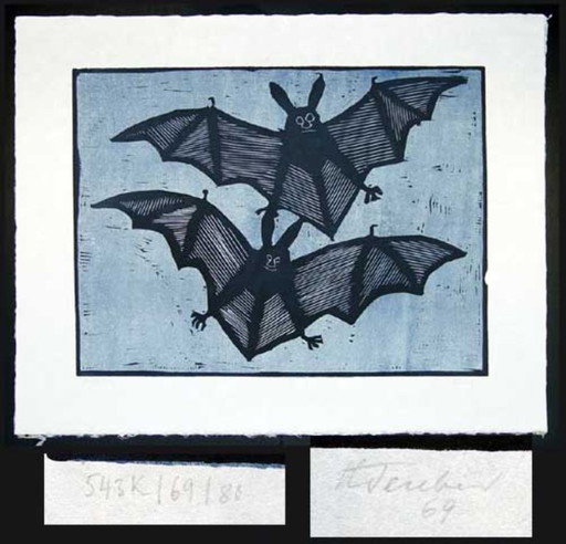 Teuber, Hermann - Chauves-souris - Gravure sur bois en couleurs - Signée à la main