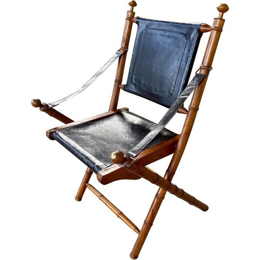 Poltrona coloniale vintage in teak e pelle