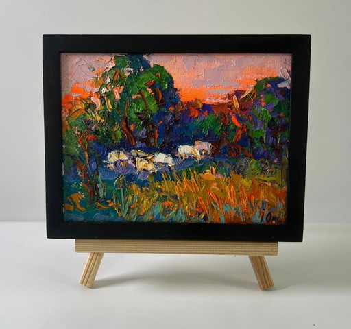 Original Oil Painting Summer Sunset Landscape Forest Evening