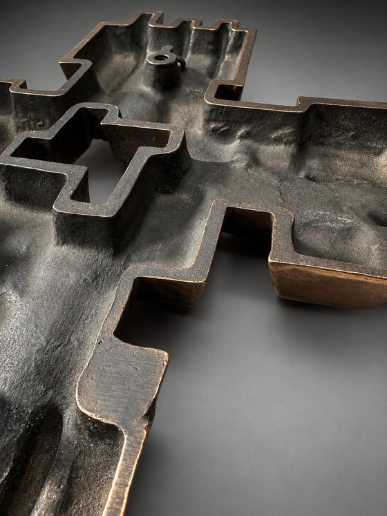Image 1 of Brutalist Cubist Bronze Wall Cross | Geometric Modernist Sculpture | 1970s