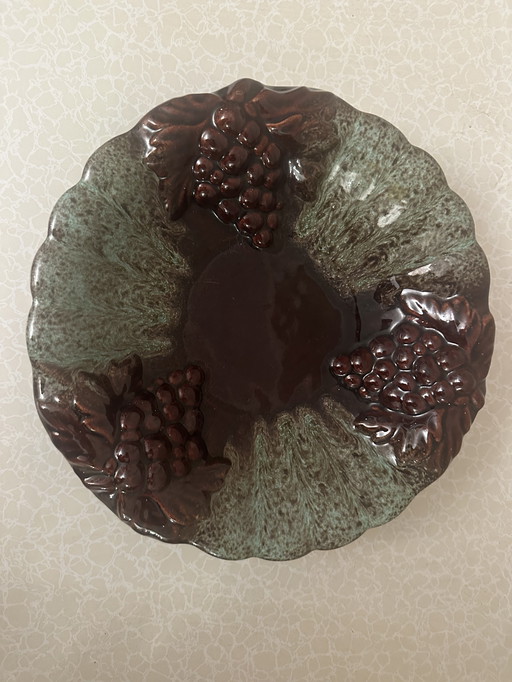 Foreign-West Germany Ceramic - Tripod Fruit Bowl Barbotine Grapes