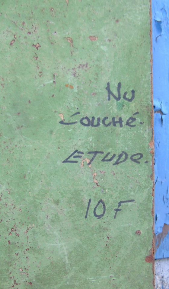 Image 1 of Origineel vintage olieverfschilderij "Nu Couché" Expressionistische liggende naaktfiguur op paneel