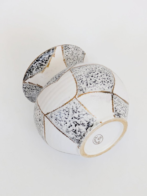 Image 1 of Midcentury Ü-Keramik Vase 1960s West German Pottery, Black and White Geometric Decor Gold Rim