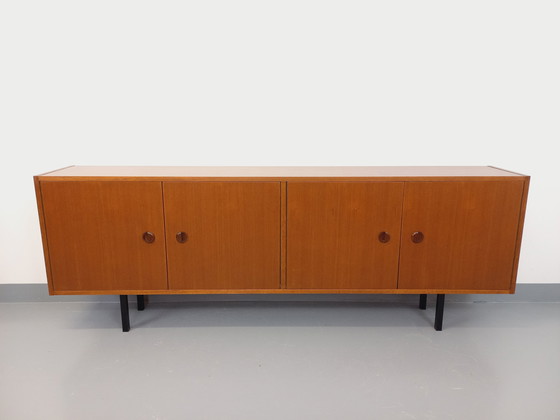 Image 1 of Enfilade meuble de rangement vintage style scandinave moderniste en teck et métal noir des années 60