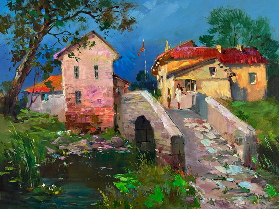 Image 1 of Original Oil Painting Summer Houses Landscape The bridge leading to the village