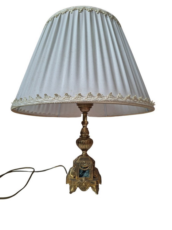 Image 1 of Vintage Neoclassical Style Table Lamp in Brass and Green Marble from the 1950s