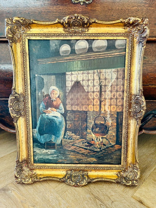 Visser Gesigneerd Olieverfschilderij Vrouw Open Haard Sierlijke Goudkleurige Barok Lijst NEDERLANDS