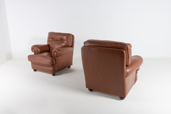 Image 1 of Paire de fauteuils club en cuir marron des années 1970, Italie