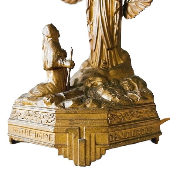 Image 1 of Antique brass Lourdes souvenir lamp Maria music box religious 1910's