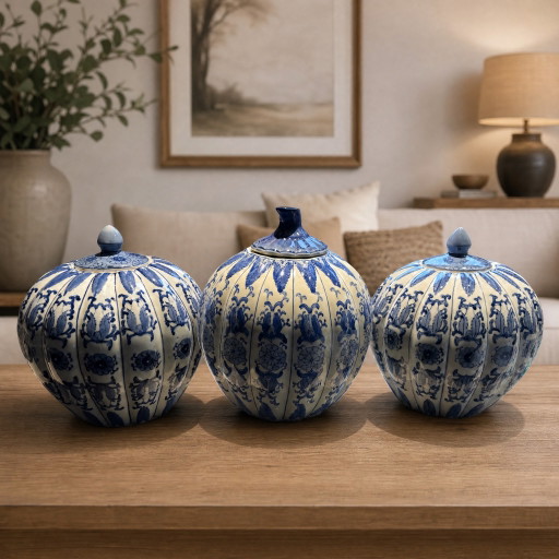 Wunderschönes eklektisches Set aus 3 XL Vintage Chinoiserie Ingwertöpfen / Kürbisurnen (27-28cm)
