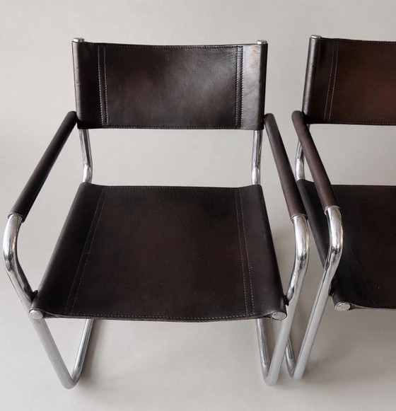 Image 1 of 6 vintage Mart Stam S34 armchairs for Linea Veam, Italy, dark chestnut brown leather