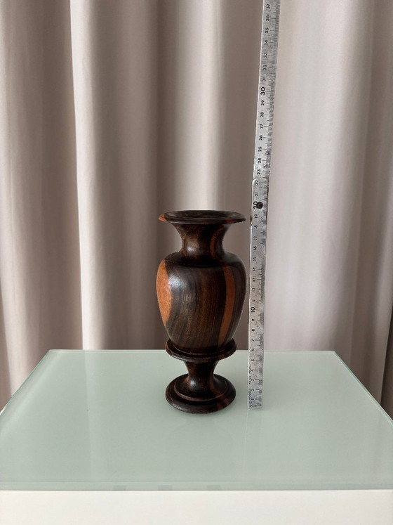 Vintage Sculptural Turned Wood Vase – Dark Hardwood – 20 cm – Artisan (photo 4 of 11)