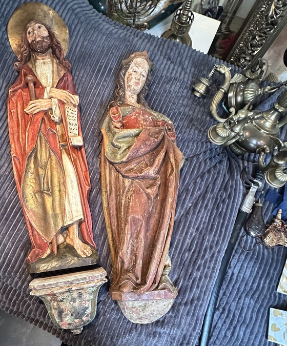 Image 1 of Statues d'église anciennes de style Riemenschneider, sculptures artisanales sur bois de Marie et Moïse