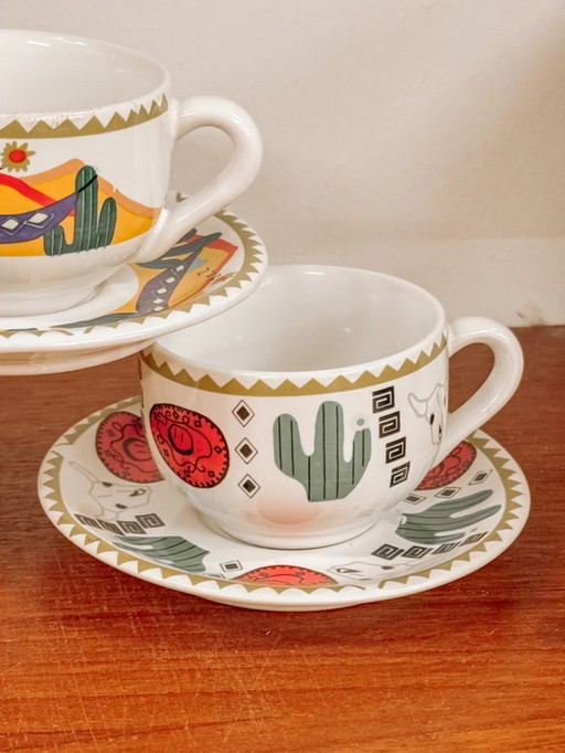 Vintage cups and saucers, Mexican style - set of 7
