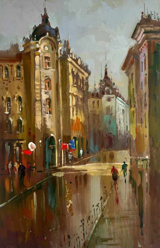 Image 1 of Original Oil Painting Gloomy City Landscape A quiet corner of the old town