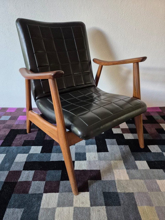 Image 1 of Poltrona in teak con rivestimento in finta pelle nera, anni '60.