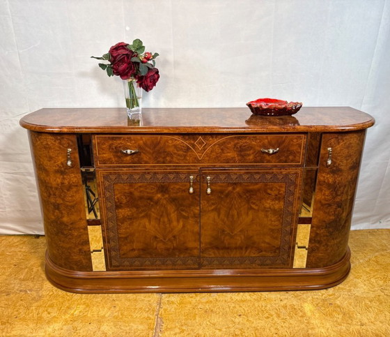 Image 1 of Vintage 1980s Hollywood Regency Italian Sideboard – Walnut Effect & Mirrored Details  