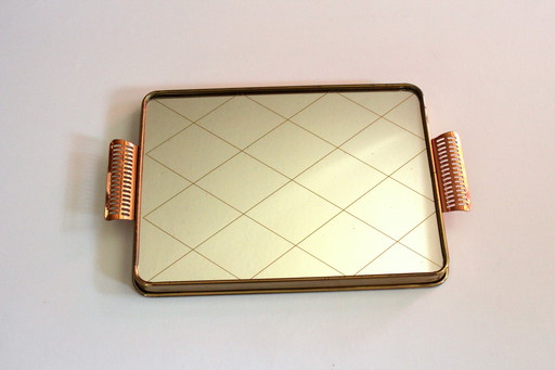 1950s mirror tray - serving tray with copper handles