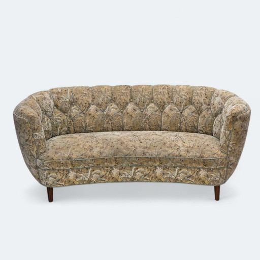 1970s, Danish 3 seater curved sofa, original multicolor furniture fabric, beech wood.
