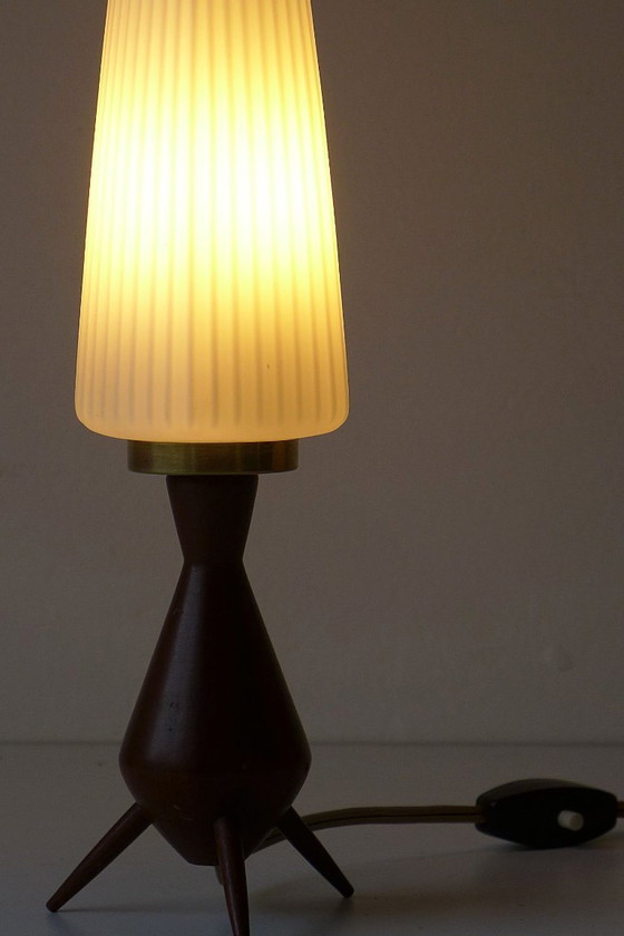 Vintage Tripod Tafellamp Deens Scandinavisch Teak Rocket Lamp jaren 60 70 – Tafellampen, Glass, Wood (photo 7 of 7)