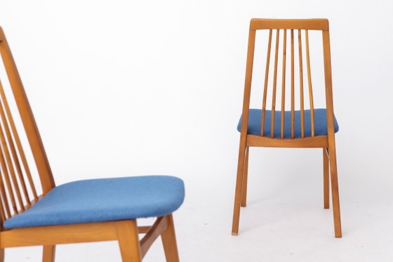 Image 1 of 2 of 6 Vintage Dining Chairs, 1960s German Design, Mid Century Modern Beech Chairs, Reupholstered Blue Fabric Seats
