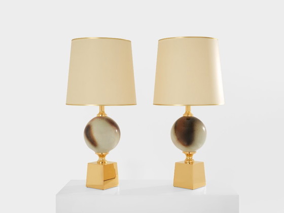 Image 1 of Philippe Barbier pair of large ceramic and brass table lamps 1970s