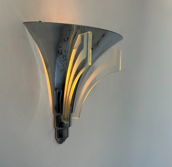 Image 1 of Lampada da parete modernista Art Déco, cromo e vetro sabbiato, Francia 1930